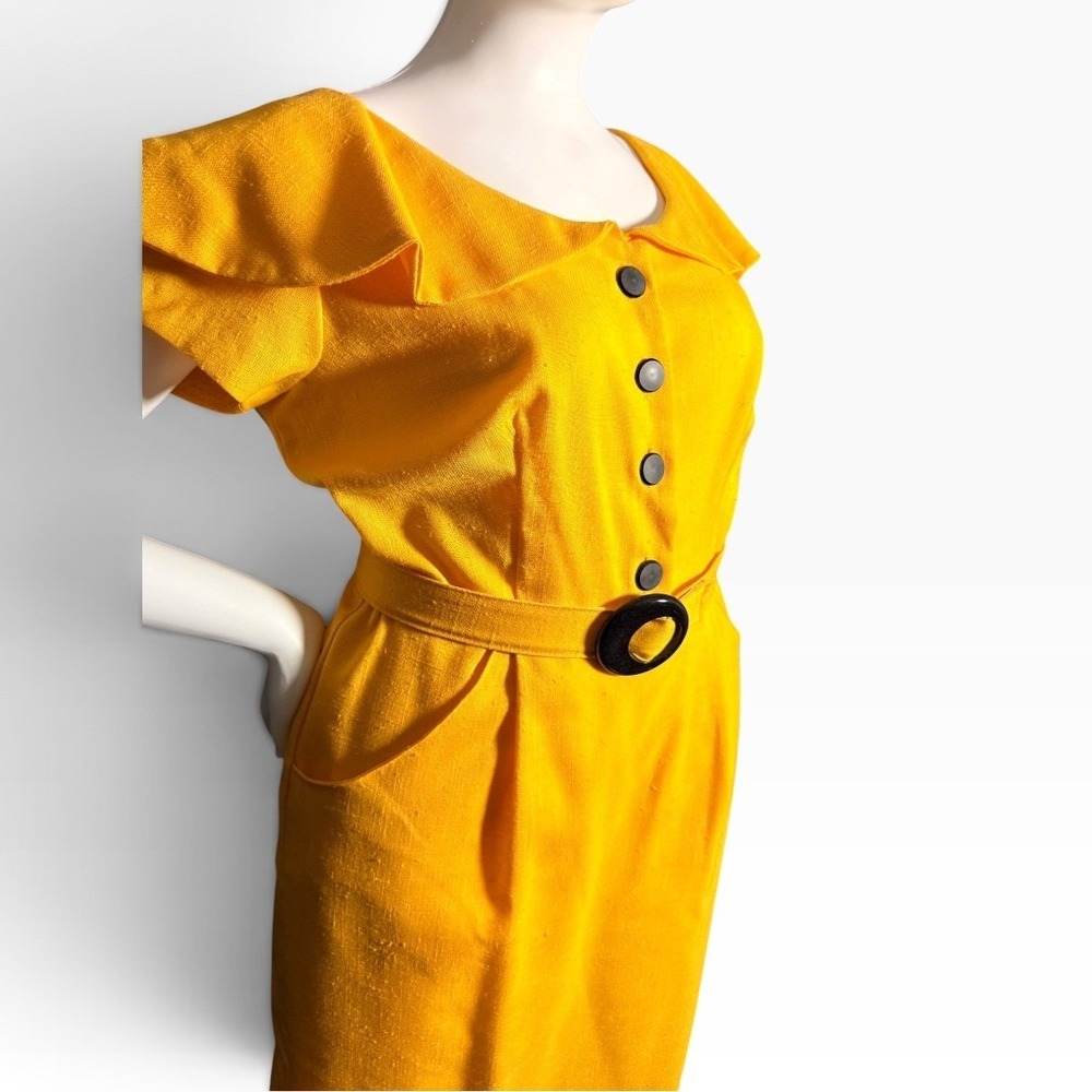 Vintage 60s 70s Handmade Yellow Midi Dress Belt Pockets Cape Collar Retro